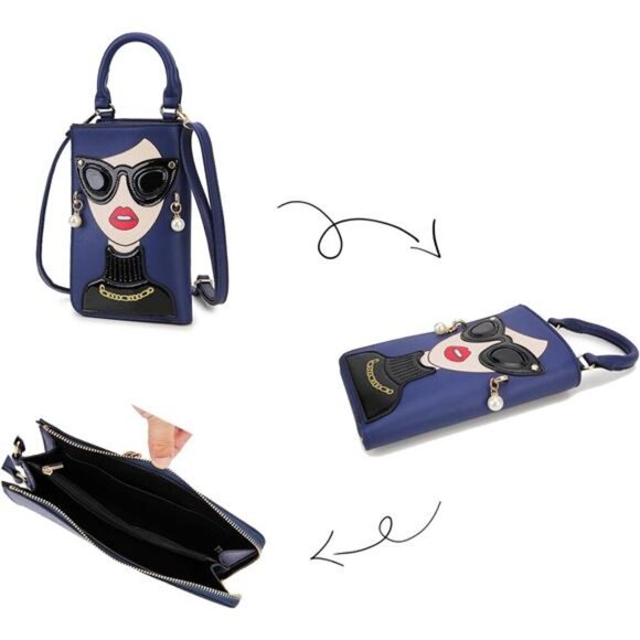 Lady Face Deep Blue Shoulder Bags Funky Vegan Leather Top Handle Satchel - Picture 5 of 6